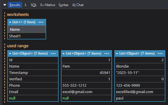 Dump results from LINQPad showing how the data is formatted in our code