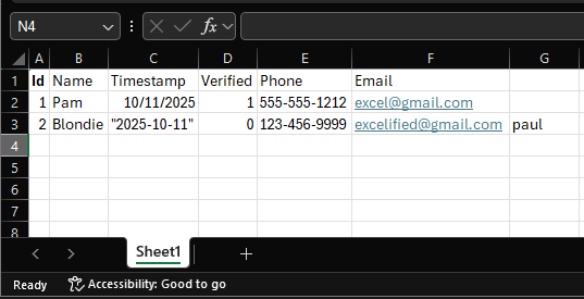Screenshot from excel showing a row with column headers and two rows with data